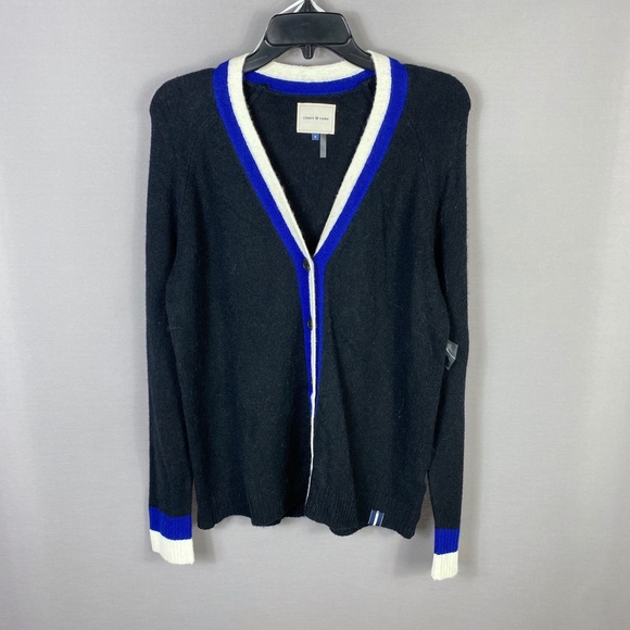 Court and Rowe Cardigan Sweater Long Sleeve V- Neck Stripe Trim in Rich … - Picture 2 of 7